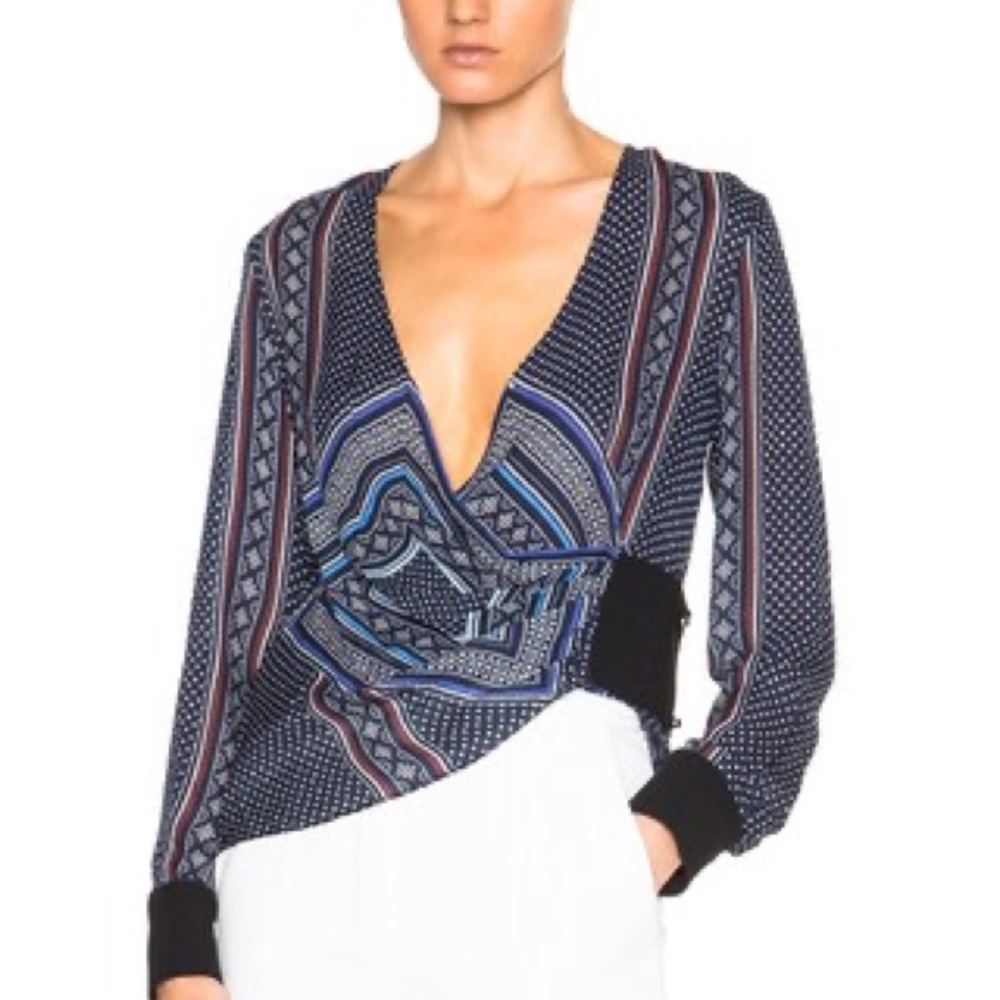 DEREK LAM 10 CROSBY Wrap Front V Neck Top Blouse Midnight Blue 100% Silk Size 6